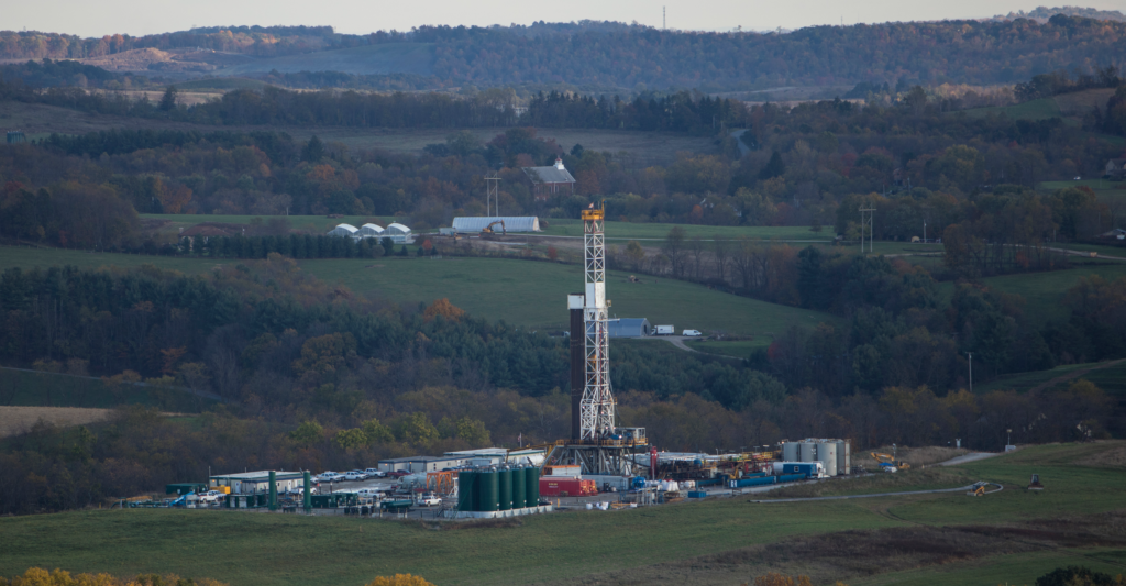 A hydro-fracking drilling pad for oil and gas is seen here on Oct. 26, 2017, in Robinson Township, Pennsylvania.