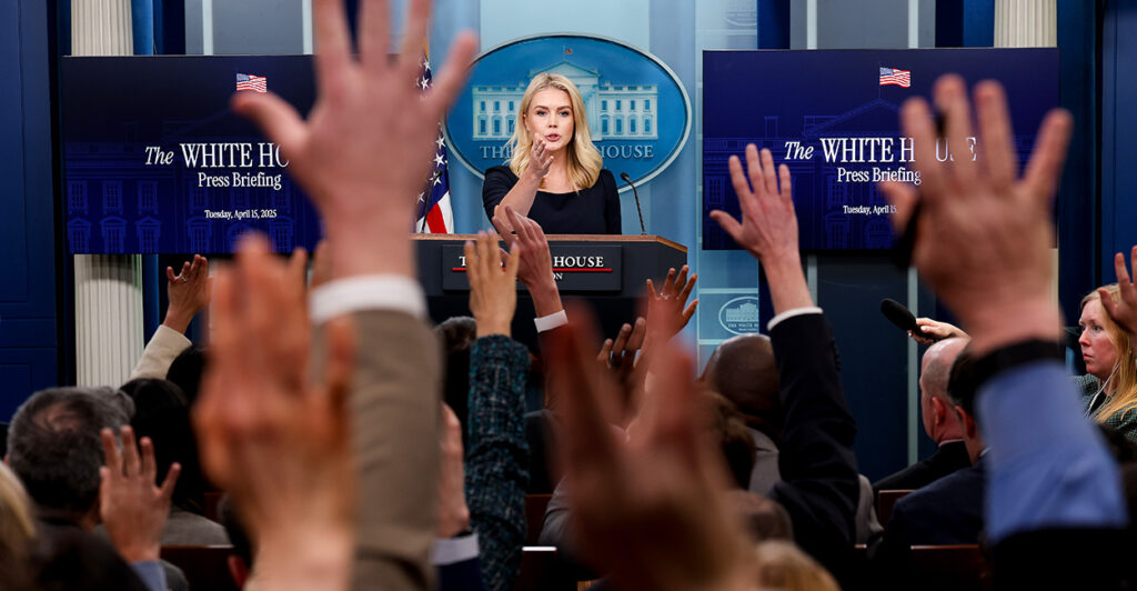 White House press secretary Karoline Leavitt fields a question at a press briefing on April 15.