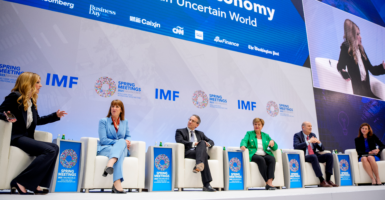 A panel discussion takes place at the International Monetary Fund and World Bank Group spring meeting at IMF headquarters on Thursday in Washington.