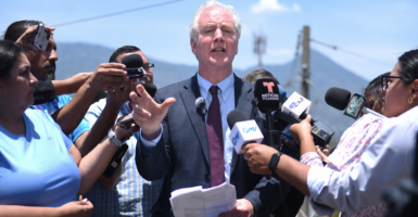Sen. Chris Van Hollen, D-Md., holds a press conference in Antiguo Cuscatlán, El Salvador, on Thursday.