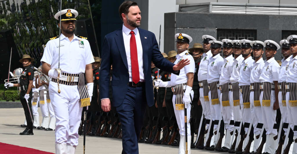 Vice President JD Vance reviews Indian troops on Monday in New Delhi, India.