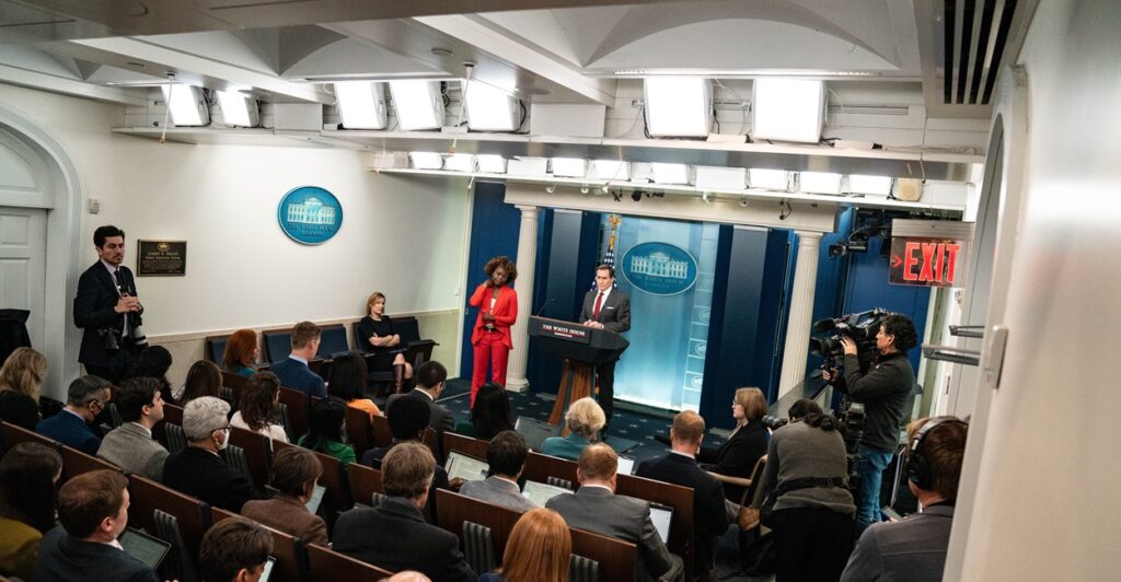 The White House Press Room is filled with reporters