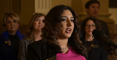 Yara Zokaie wearing a name tag and a pink blouse with a few female Democrats behind her