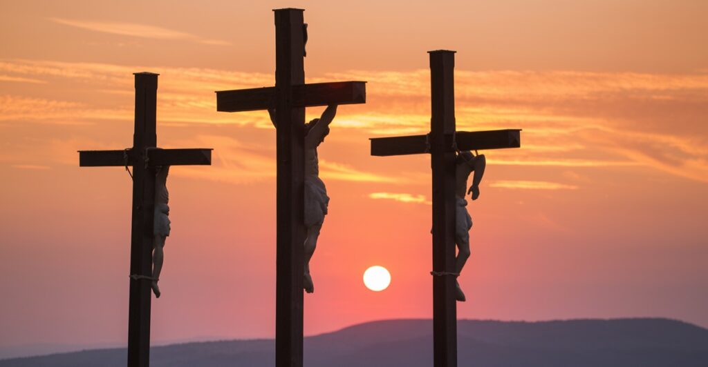 Three crosses hold men who were crucified as the sun goes down.