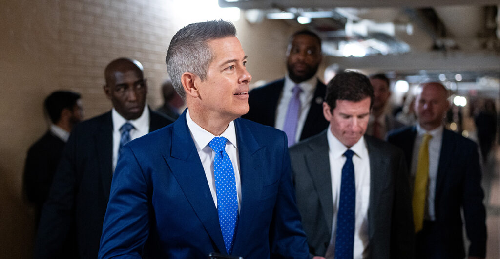 Secretary of Transportation Sean Duffy leaves the House Republican Conference caucus meeting in the Capitol on April 8.