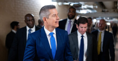 Secretary of Transportation Sean Duffy leaves the House Republican Conference caucus meeting in the Capitol on April 8.