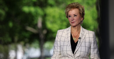 Secretary of Education Linda McMahon is interviewed outside the West Wing of the White House on April 16.