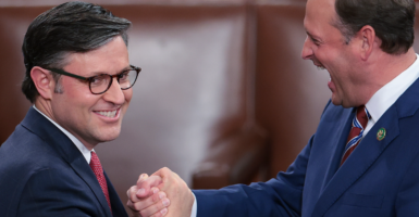 House Speaker Mike Johnson, R-La., (left) is seen here with Rep. Andy Barr, R-Ky., as the House of Representatives holds an election for speaker of the House at the Capitol on Oct. 25, 2023.