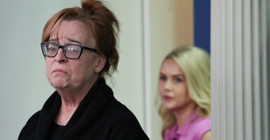 Patty Morin, mother of slaying victim Rachel Morin, speaks Wednesday as White House press secretary Karoline Leavitt looks on.