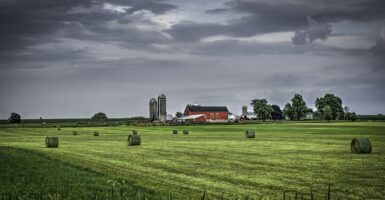 A barn is set back on a farm in Wisconsin.