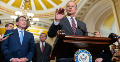 Sen. John Thune and other GOP Senate leadership talk to the press after weekly luncheon.