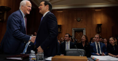 Secretary of State Marco Rubio greets Sen. John Cornyn, R-Texas, as he arrives for a Senate Foreign Relations Committee hearing in the Dirksen Senate Office Building on May 20, 2025 in Washington, DC.