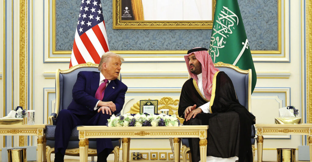 President Donald Trump confers with Saudi Crown Prince Mohammed bin Salman during a coffee ceremony at the Saudi Royal Court in Riyadh, Saudi Arabia, on Tuesday.