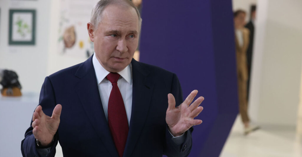 Russian President Vladimir Putin in Sirius, Russia, gestures while speaking about his Monday telephone call with President Donald Trump.