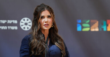 Homeland Security Secretary Kristi Noem speaks at a memorial event honoring slain Israeli Embassy employees Yaron Lischinsky and Sarah Milgrim in Jerusalem on Monday.