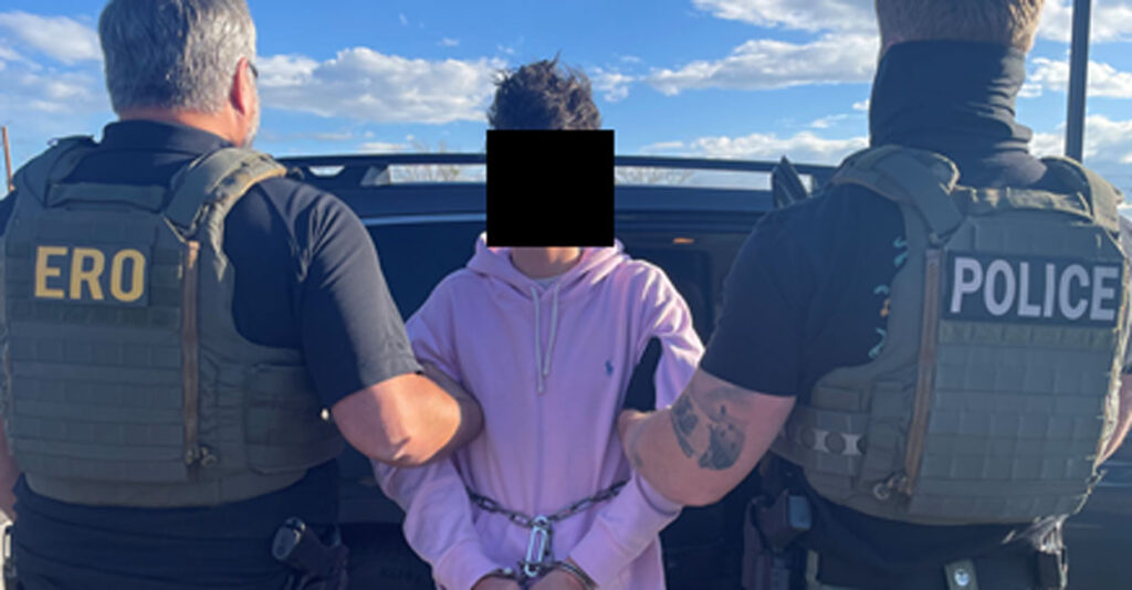 Two ICE agents, their backs turned toward the camera, hold a 16-year-old illegal immigrant in light purple hoodie. The teen's face is blacked out.