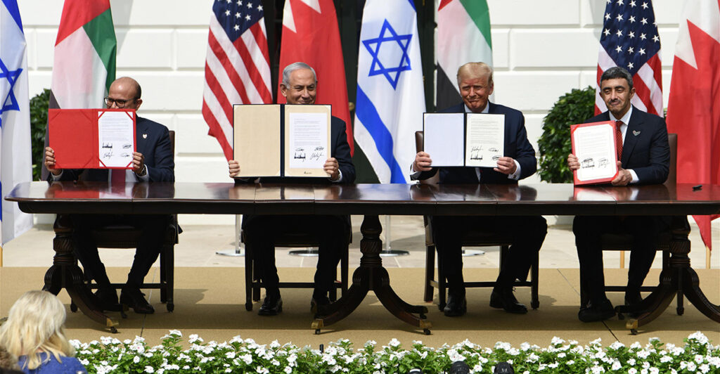 From left, Foreign Affairs Minister of Bahrain Abdullatif bin Rashid Al Zayani, Israeli Prime Minister of Israel Benjamin Netanyahu, President Donald Trump and Foreign Affairs Minister of the United Arab Emirates Abdullah bin Zayed Al Nahyan attend the signing ceremony of the Abraham Accords, at the White House on Sept. 15, 2020.