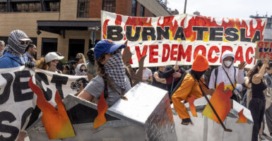 Protesters hold cybertrucks on fire and a sign reading "Burn a Tesla, Save Democracy"