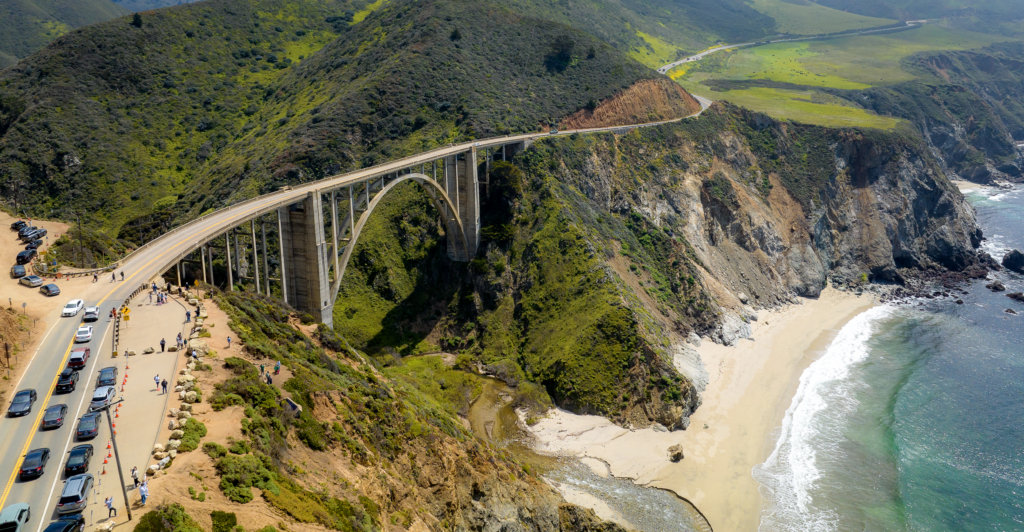 The Bixby Bridge is seen here on the Pacific Coast Highway, aka State Route 1, a scenic road that stretches along the California coast from Dana Point in Orange County to Leggett in Mendocino County in California.