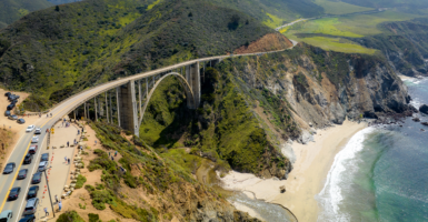 The Bixby Bridge is seen here on the Pacific Coast Highway, aka State Route 1, a scenic road that stretches along the California coast from Dana Point in Orange County to Leggett in Mendocino County in California.