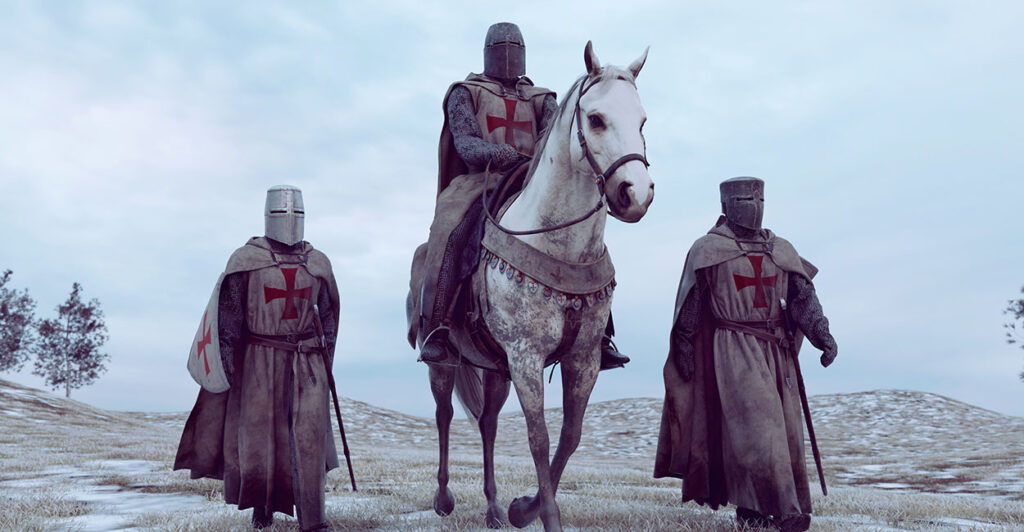 Three crusaders, one on a horse