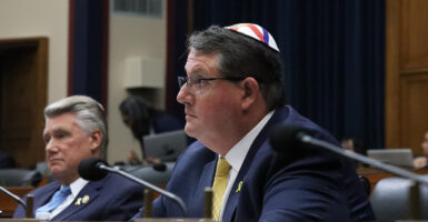 Rep. Randy Fine, R-Fla., who is Jewish, wears a yarmulke at a Hill hearing.