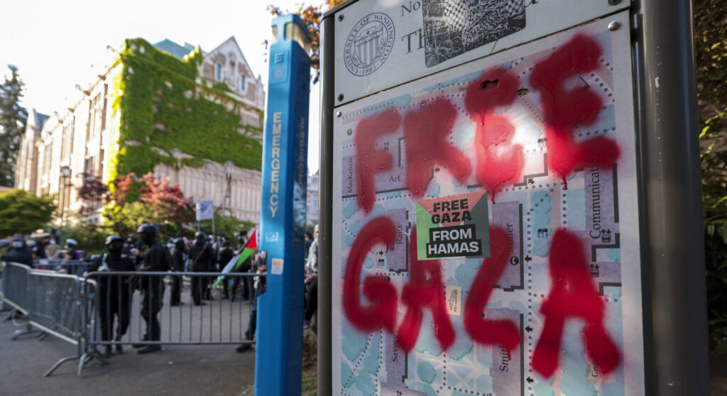 "Free Gaza" is spray painted on a map of the University of Washington during a 2024 anti-Israel protest.