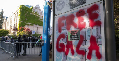 "Free Gaza" is spray painted on a map of the University of Washington during a 2024 anti-Israel protest.