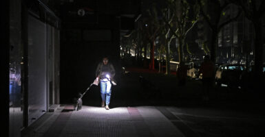 A woman walking her dog lights her way down the street with a cellphone amid a blackout in Spain.