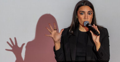 Rep. Alexandria Ocasio-Cortez and her shadow against a white background.