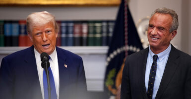 President Trump with HHS Secretary Robert F. Kennedy, Jr. at his side in Roosevelt Room of the White House, announcing effort to lower drug prices