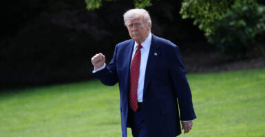 President Donald Trump in a suit makes a fist