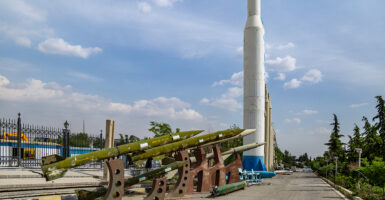 Iran's domestically made satellite launch vehicles and missiles in the Museum of Holy Defense are seen here in Tehran, Iran, on April 17.