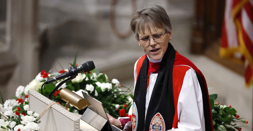 Episcopal Bishop Mariann Budde in robes at the National Cathedral