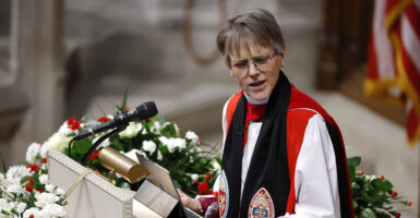 Episcopal Bishop Mariann Budde in robes at the National Cathedral