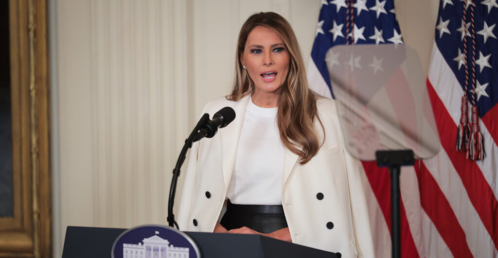 First lady Melania Trump speaks at the unveiling of a U.S. Postal Service stamp honoring a predecessor, the late former first lady Barbara Bush, at the White House on Thursday.