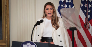 First lady Melania Trump speaks at the unveiling of a U.S. Postal Service stamp honoring a predecessor, the late former first lady Barbara Bush, at the White House on Thursday.