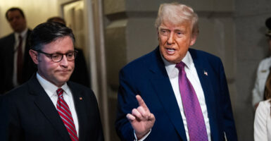Speaker of the House Mike Johnson, R-La., and President Donald Trump are seen here at the Capitol on Tuesday.