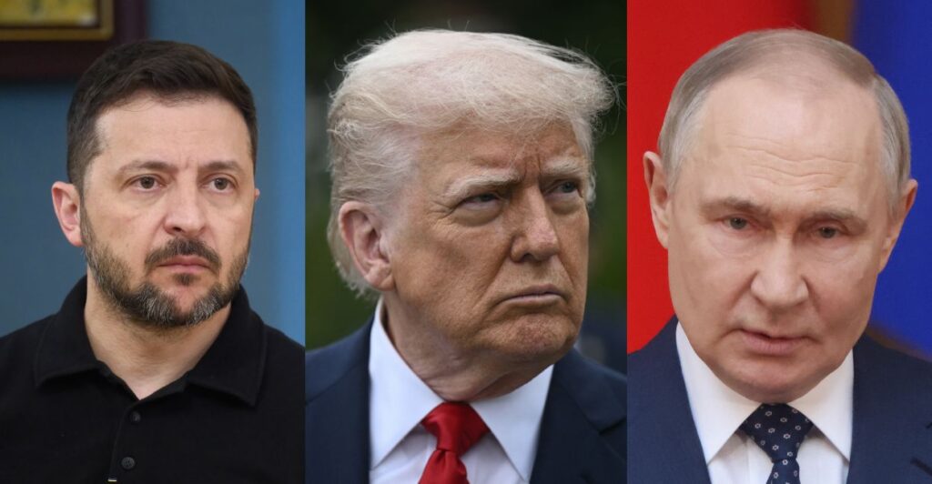 Headshots of Volodymyr Zelenskyy, Donald Trump, and Vladimir Putin