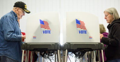 An older male and female vote in face-to-face-voting booths.