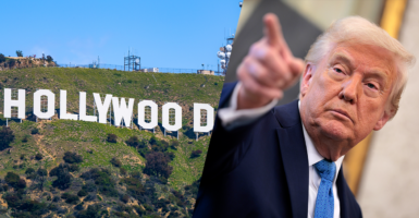 A split screen image with the Hollywood sign on the left and Trump pointing on the right.