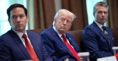 From left, Secretary of State Marco Rubio, President Donald Trump, and Secretary of Defense Pete Hegseth attend a Cabinet meeting on Wednesday.