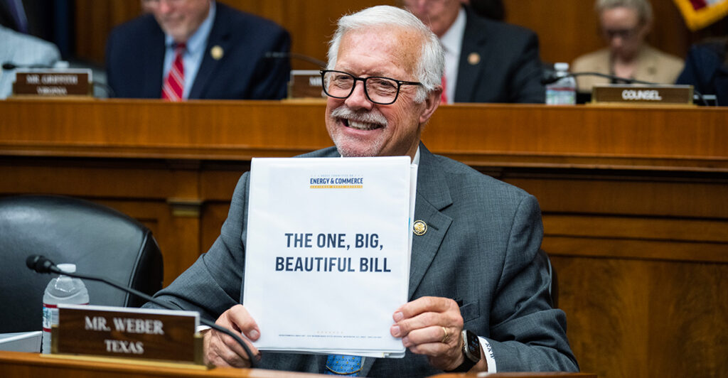 Rep. Randy Weber, R-Texas, attends the House Energy and Commerce Committee markup of the budget resolution on Tuesday, displaying what has been called "the one big, beautiful bill."