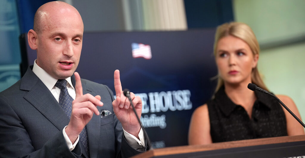 White House Deputy Chief of Staff Stephen Miller joins White House press secretary Karoline Leavitt at the podium in the press room at the White House
