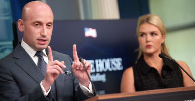 White House Deputy Chief of Staff Stephen Miller joins White House press secretary Karoline Leavitt at the podium in the press room at the White House