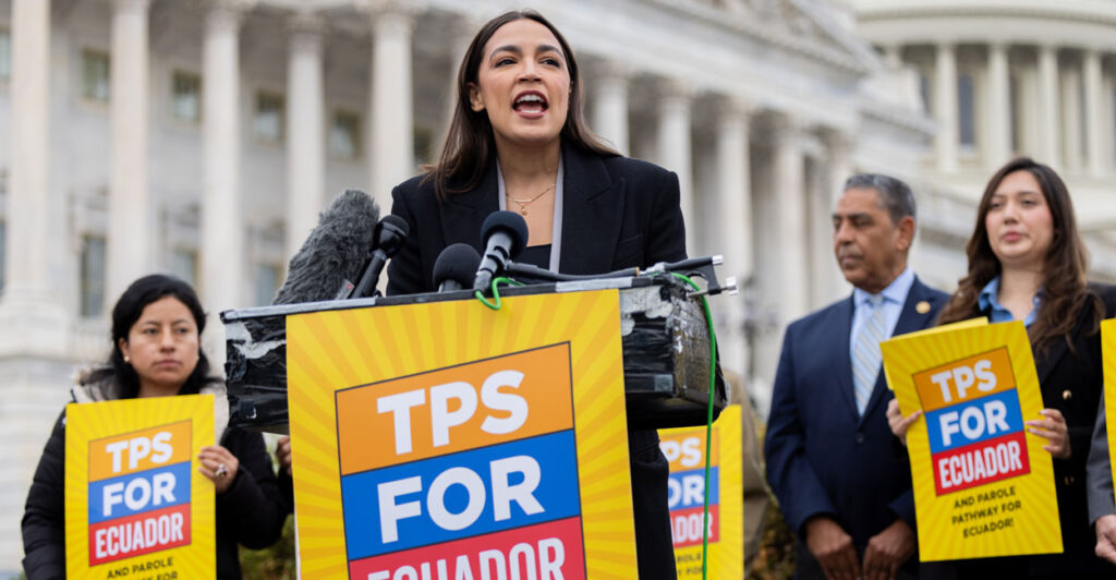 Rep. Alexandria Ocasio-Cortez speaks during a press conference advocating for temporary protected status for Ecuadorian immigrants outside the U.S. Capitol
