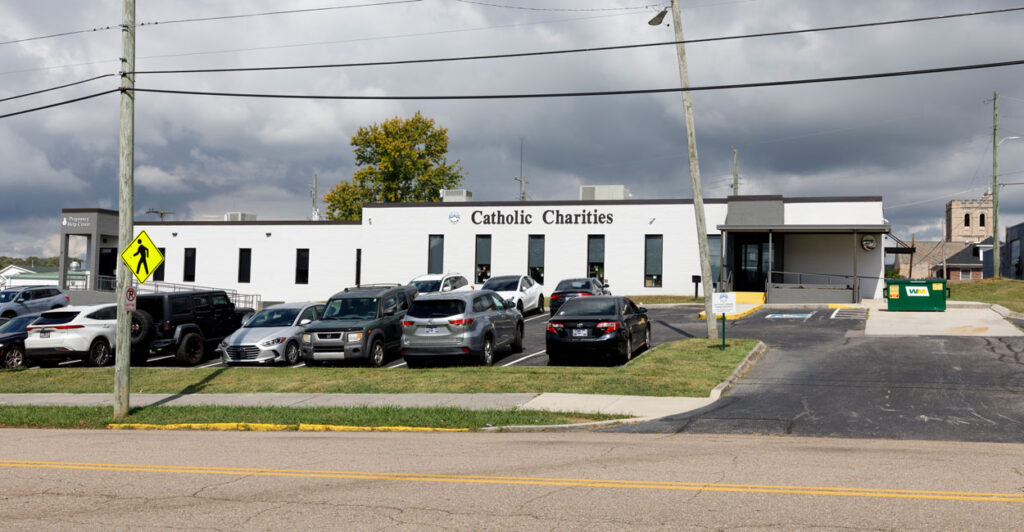 White, one-story Catholic Charities building in Knoxville.
