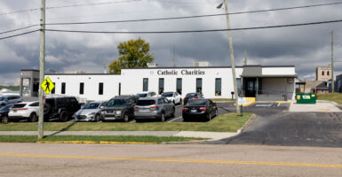 White, one-story Catholic Charities building in Knoxville.