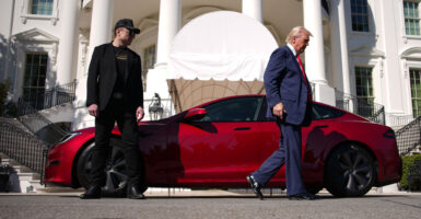 Elon Musk looks at Donald Trump as Trump walks away. Behind them the White House and a red Tesla.