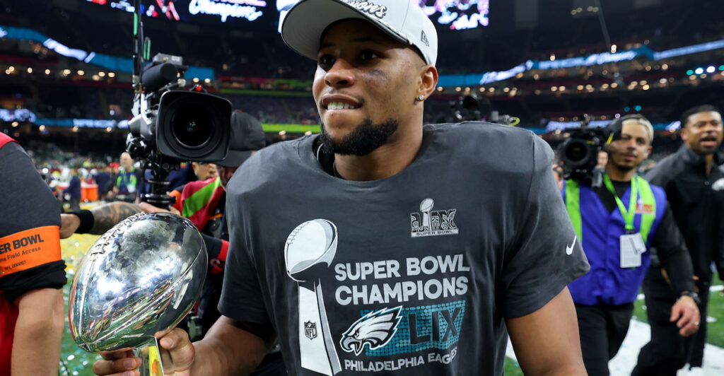 Saquon Barkley of the NFL's Philadelphia Eagles celebrates winning Super Bowl LIX on Feb. 9.